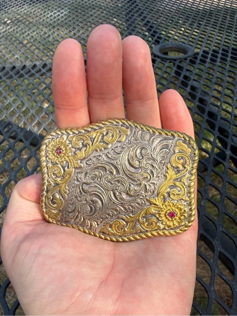 vintage rare garnet Crumrine Manufacturing belt buckle, produced in Reno, Nevada